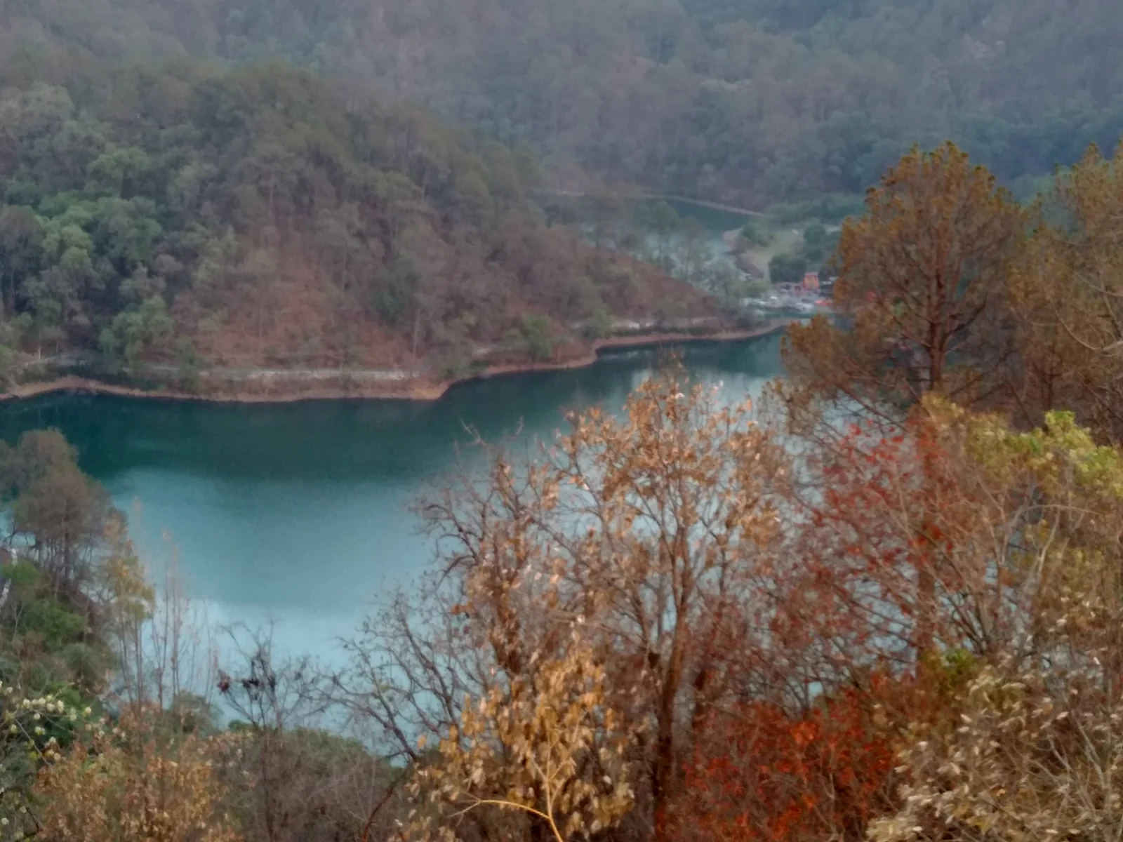 सातताल झील और आसपास की वनाच्छादित पहाड़ियाँ